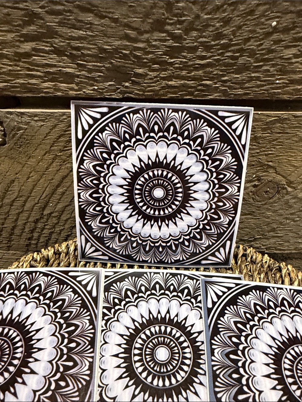 Set of 15 Black & White Mandala Decorative Tiles Peel & Stick Art Decals 4" x 4"